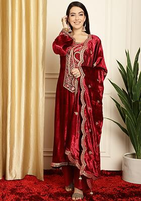 Maroon Embroidered Velvet Kurta Set