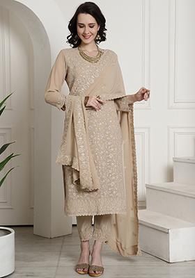 Beige Embroidered Georgette Kurta Set