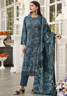 Navy Blue Digital Print Velvet Kurta Set