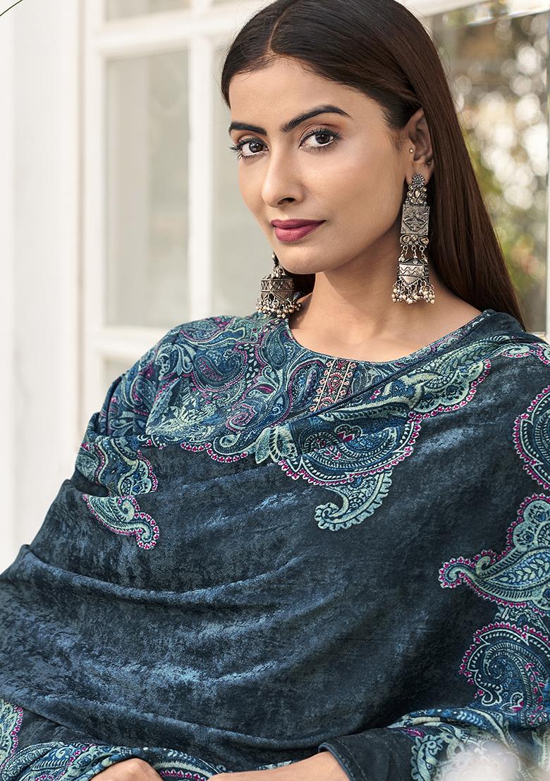 Navy Blue Digital Print Velvet Kurta Set