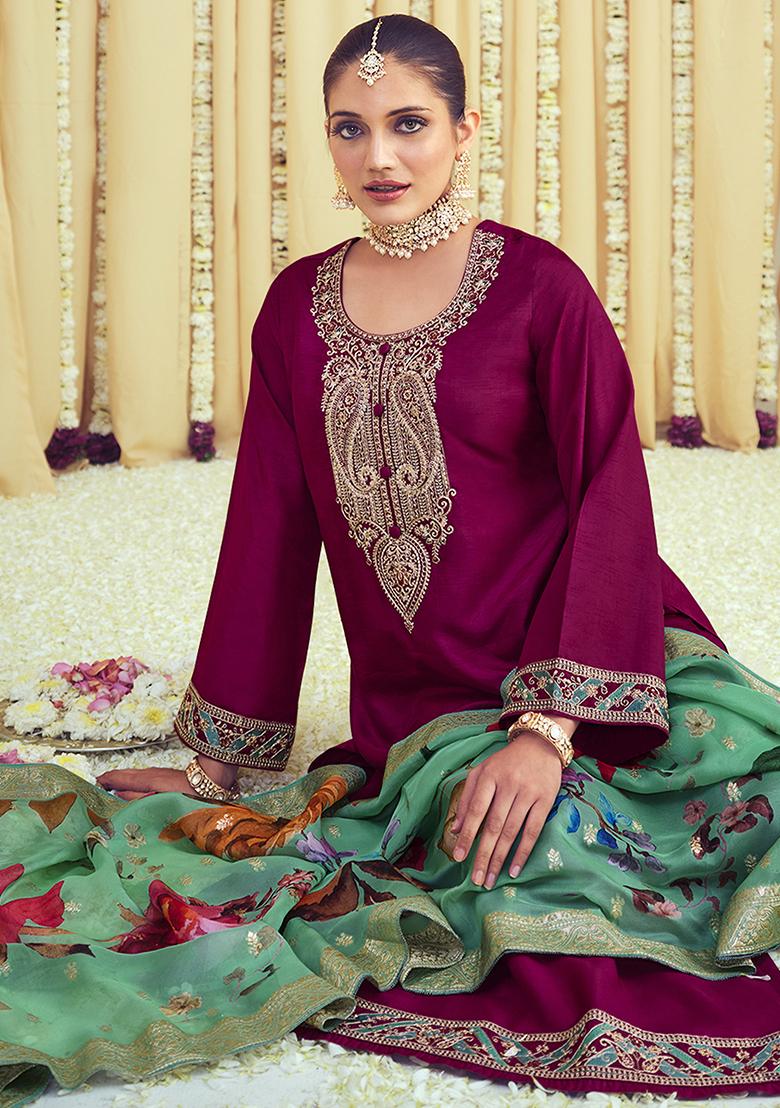 Magenta Embroidered Muslin Kurta Set