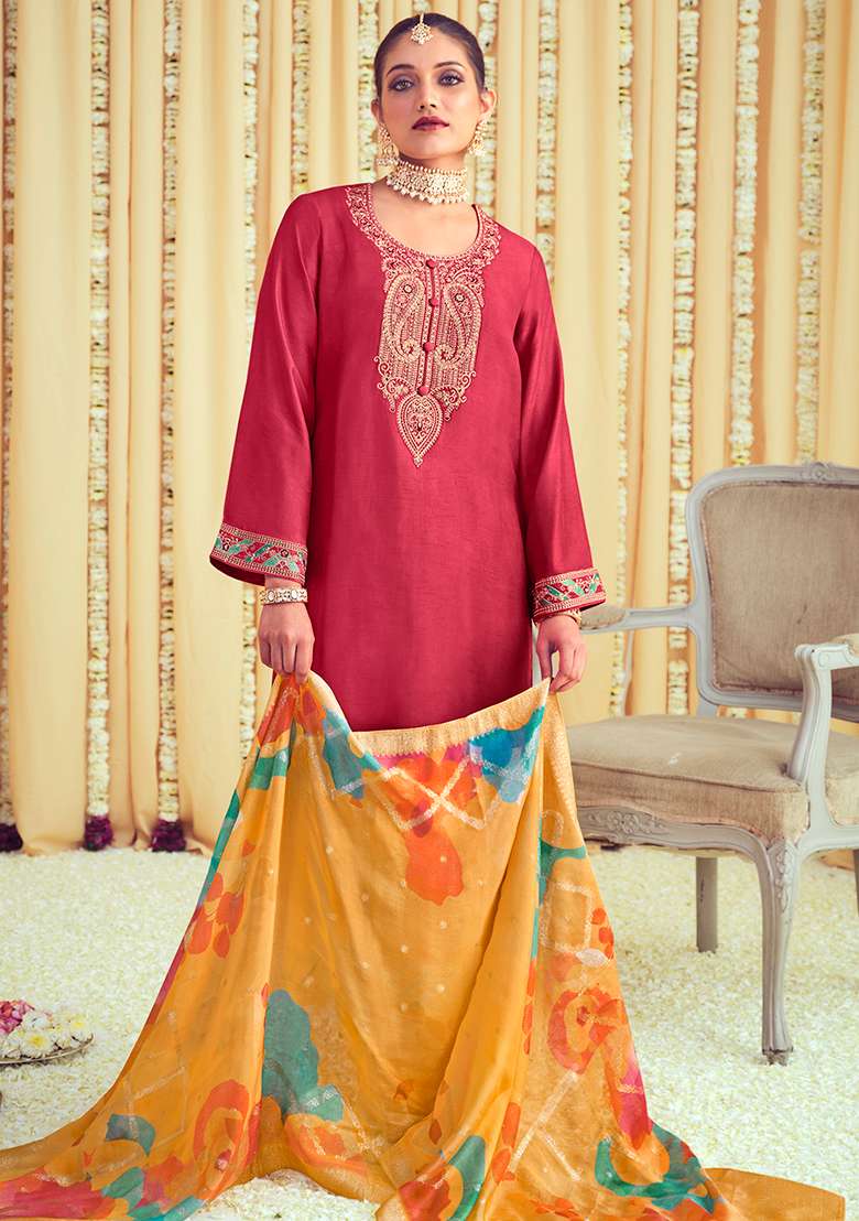 Coral Embroidered Muslin Sharara Set - Indya