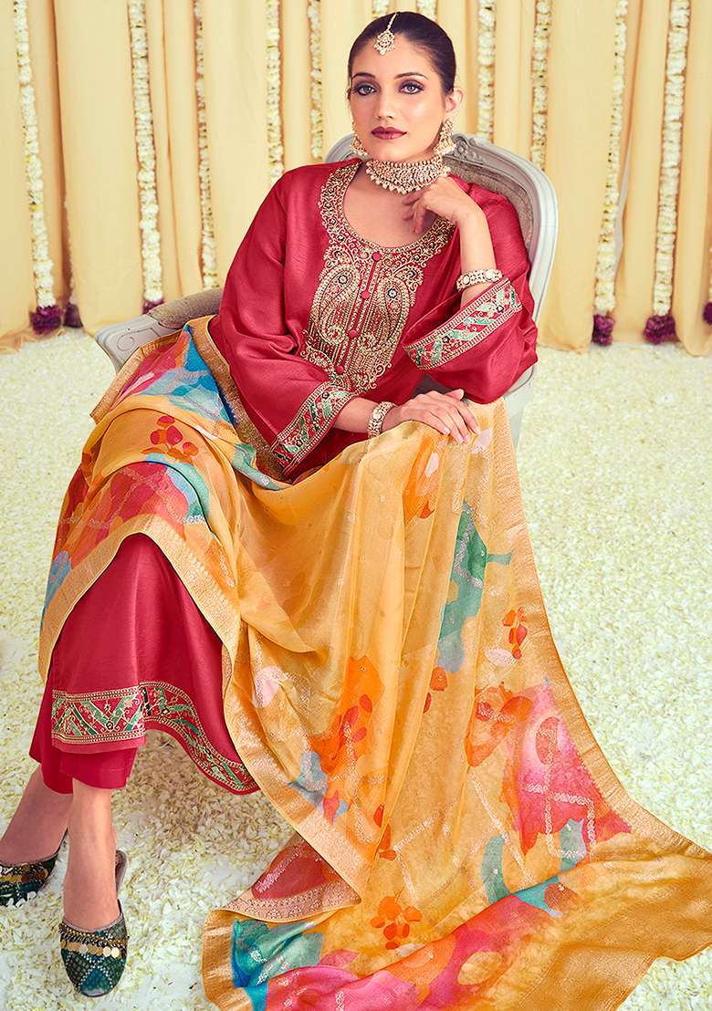 Coral Embroidered Muslin Sharara Set - Indya