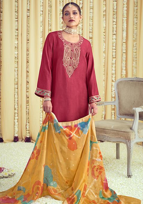 Coral Embroidered Muslin Kurta Set