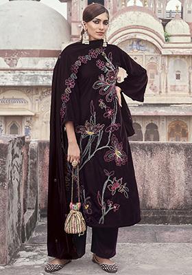 Wine Embroidered Velvet Kurta Set