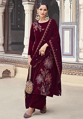 Maroon Embroidered Velvet Kurta Set
