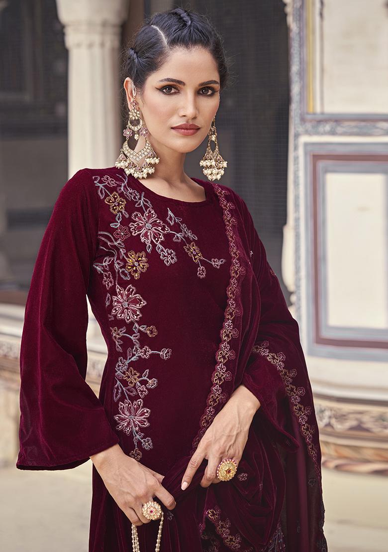 Maroon Embroidered Velvet Kurta Set