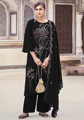 Black Embroidered Velvet Kurta Set
