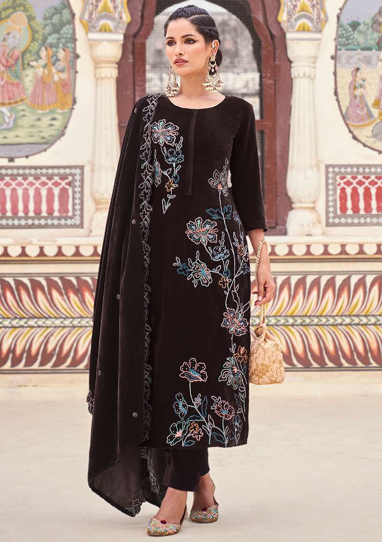 Brown Embroidered Velvet Straight Kurta Set - Indya