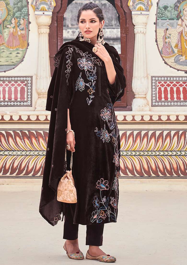 Brown Embroidered Velvet Straight Kurta Set - Indya