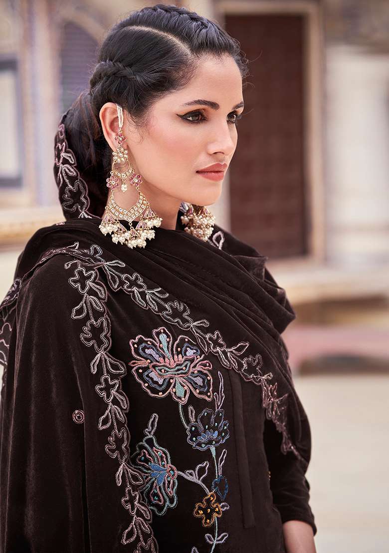 Brown Embroidered Velvet Straight Kurta Set - Indya