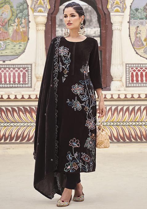 Brown Embroidered Velvet Kurta Set