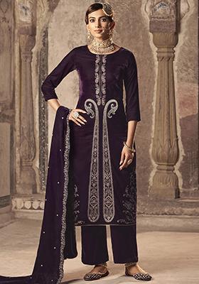 Wine Embroidered Velvet Kurta Set