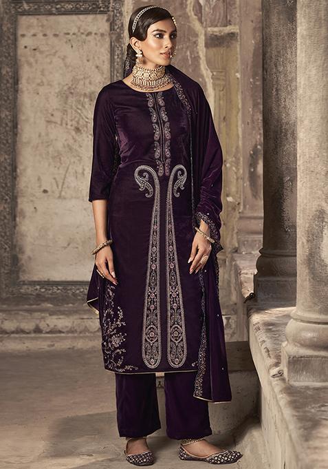 wine sequin velvet kurta set