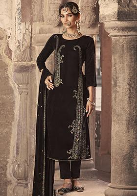 Brown Embroidered Velvet Kurta Set