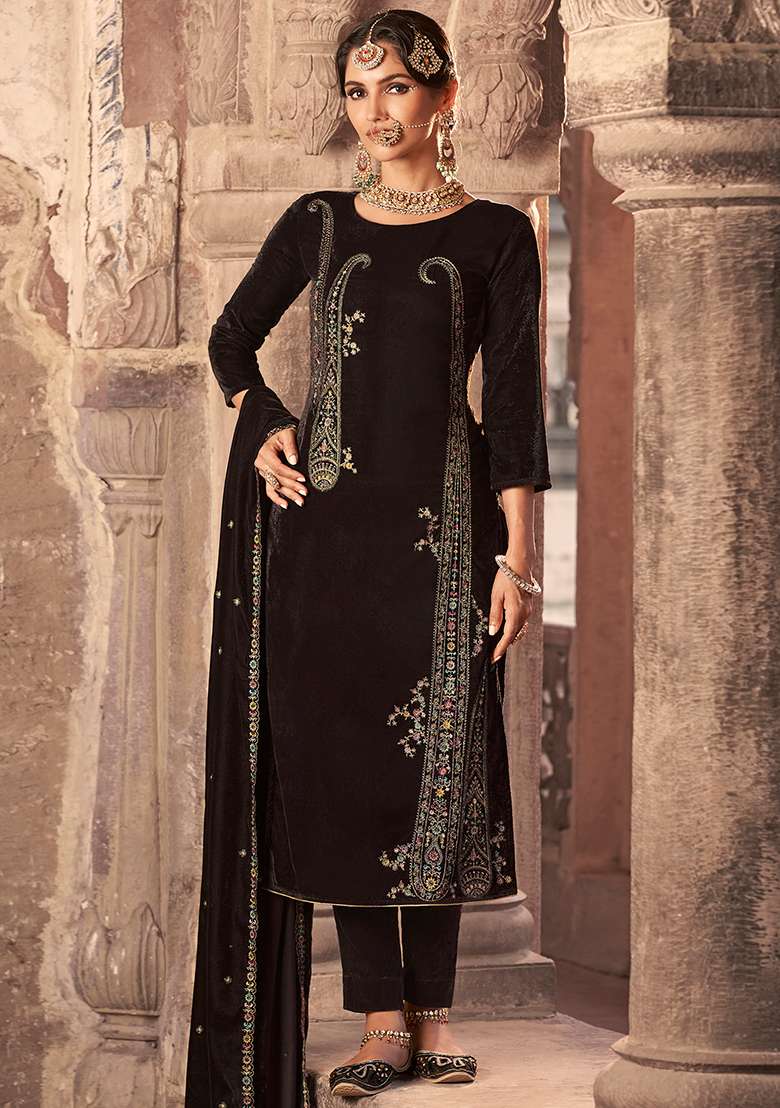 Brown Embroidered Velvet Pakistani Suit Set - Indya