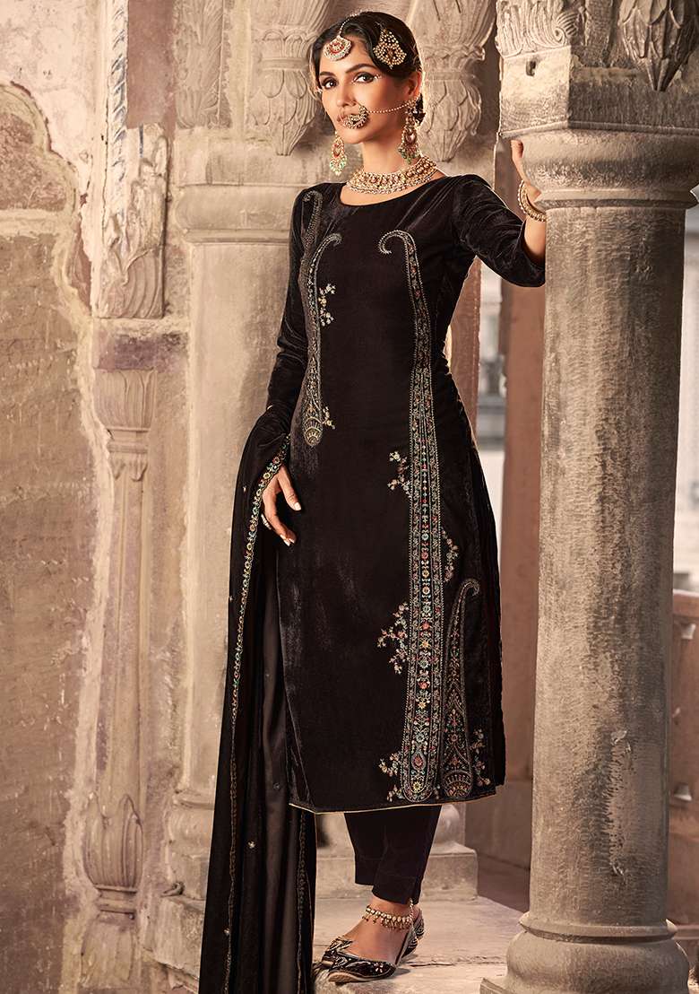 Brown Embroidered Velvet Pakistani Suit Set - Indya