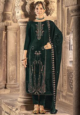 Green Embroidered Velvet Kurta Set