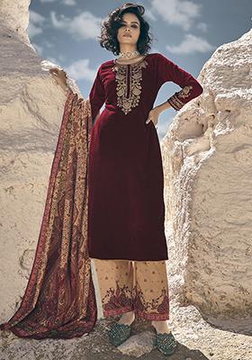 Maroon Embroidered Velvet Kurta Set