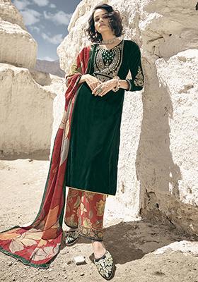 Green Embroidered Velvet Kurta Set