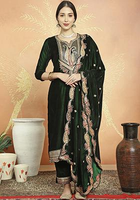 Green Embroidered Velvet Kurta Set