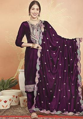 Wine Embroidered Velvet Kurta Set
