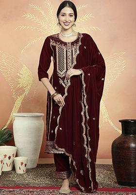 Maroon Embroidered Velvet Kurta Set