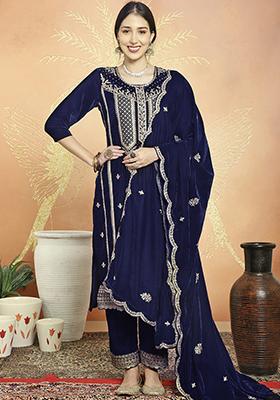 Navy Blue Embroidered Velvet Kurta Set