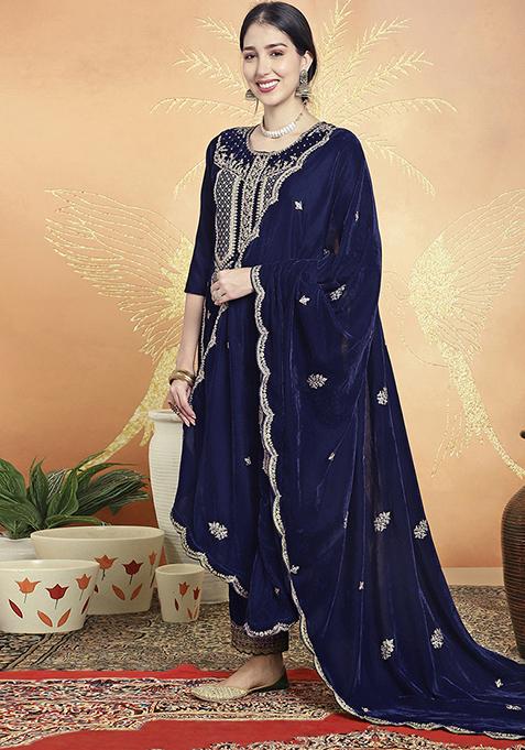 NAVY BLUE EMBROIDERED ORGANZA KURTA SET