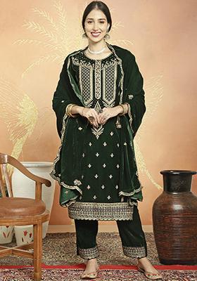 Green Embroidered Velvet Kurta Set