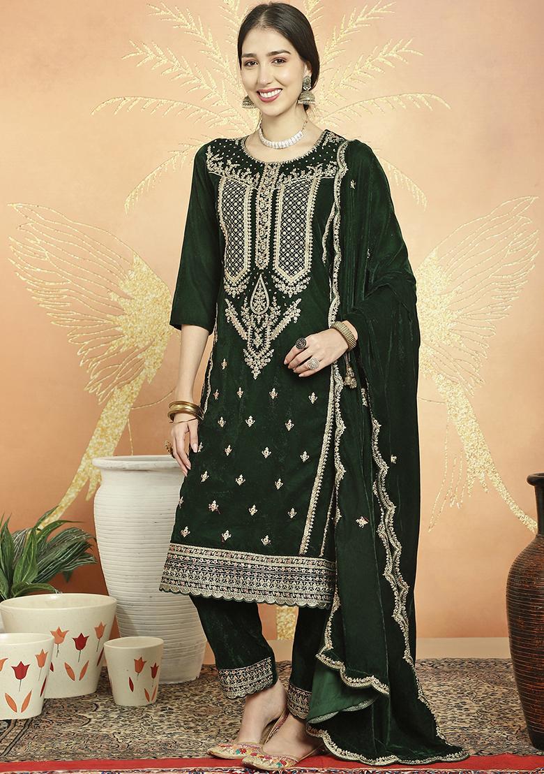 Green Embroidered Velvet Kurta Set