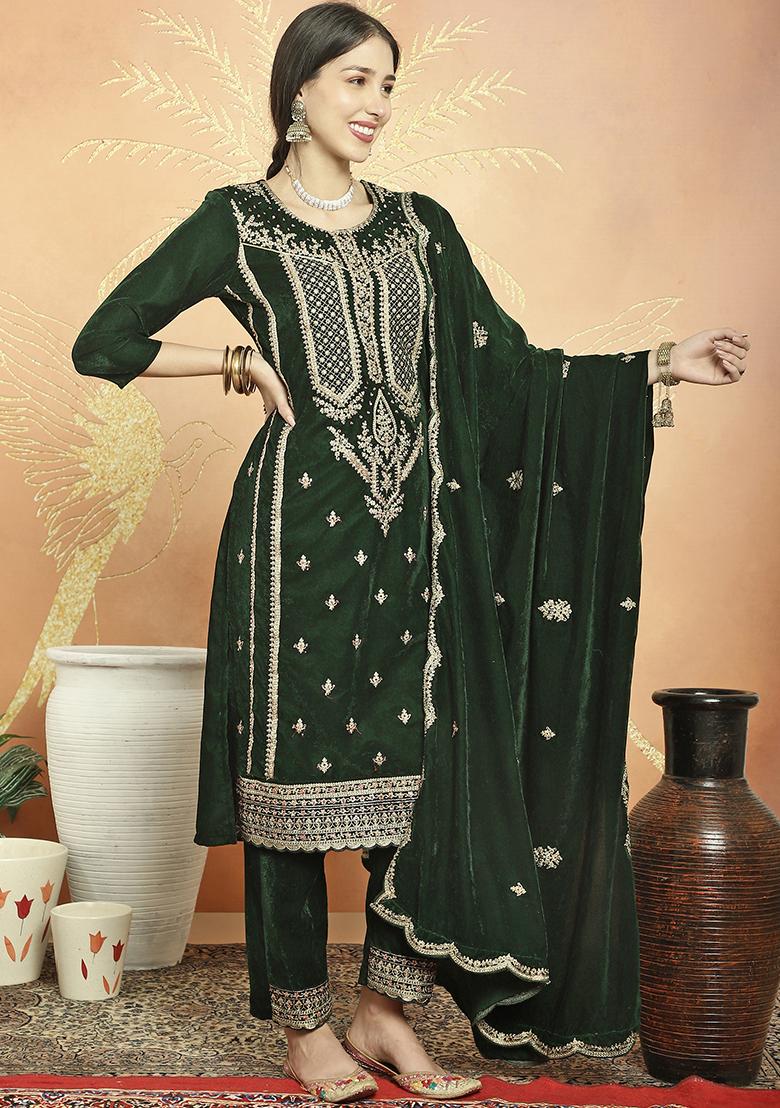 Green Embroidered Velvet Kurta Set