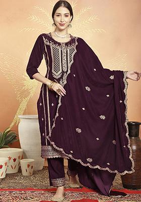 Wine Embroidered Velvet Kurta Set
