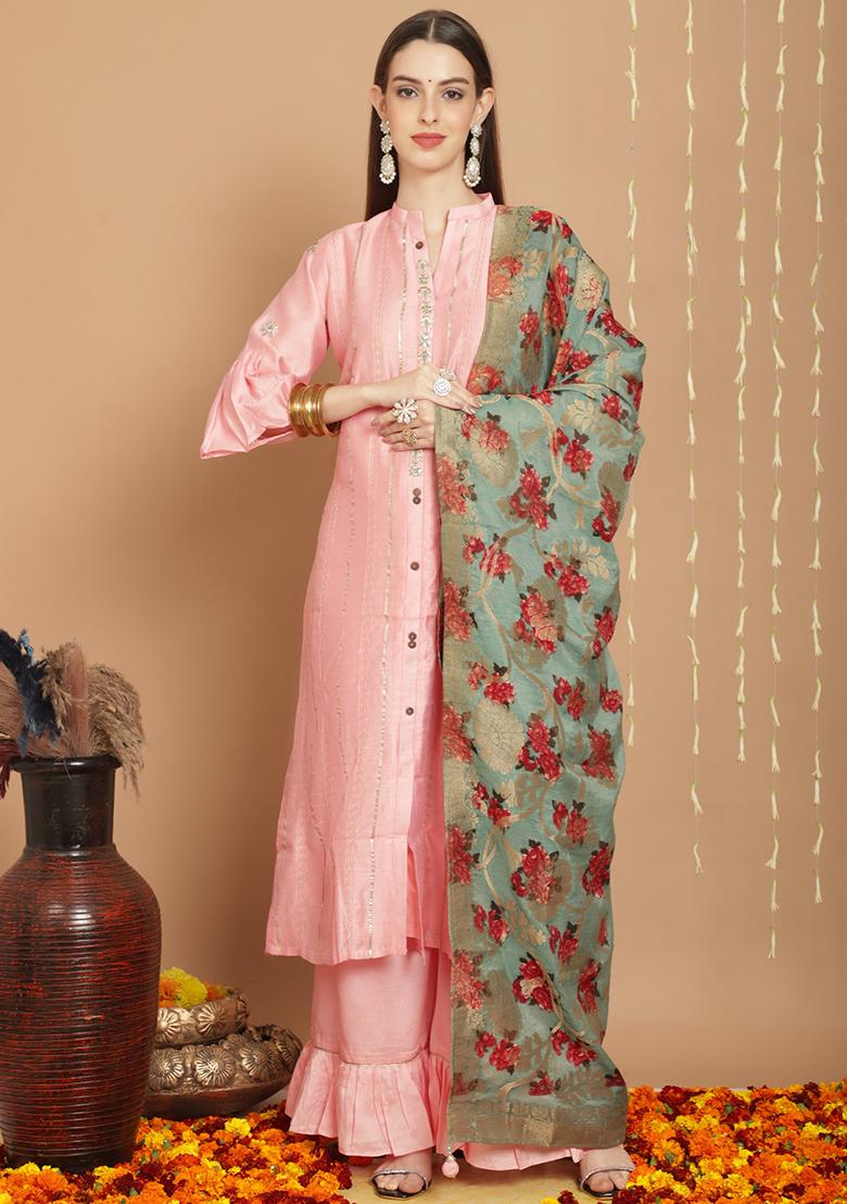 Peach Embroidered Chanderi Silk Kurta Set