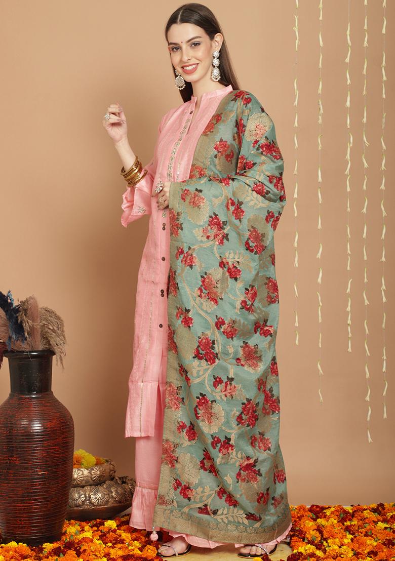 Peach Embroidered Chanderi Silk Kurta Set