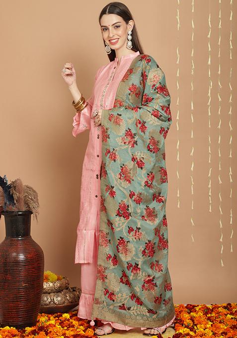 Peach Embroidered Chanderi Silk Kurta Set