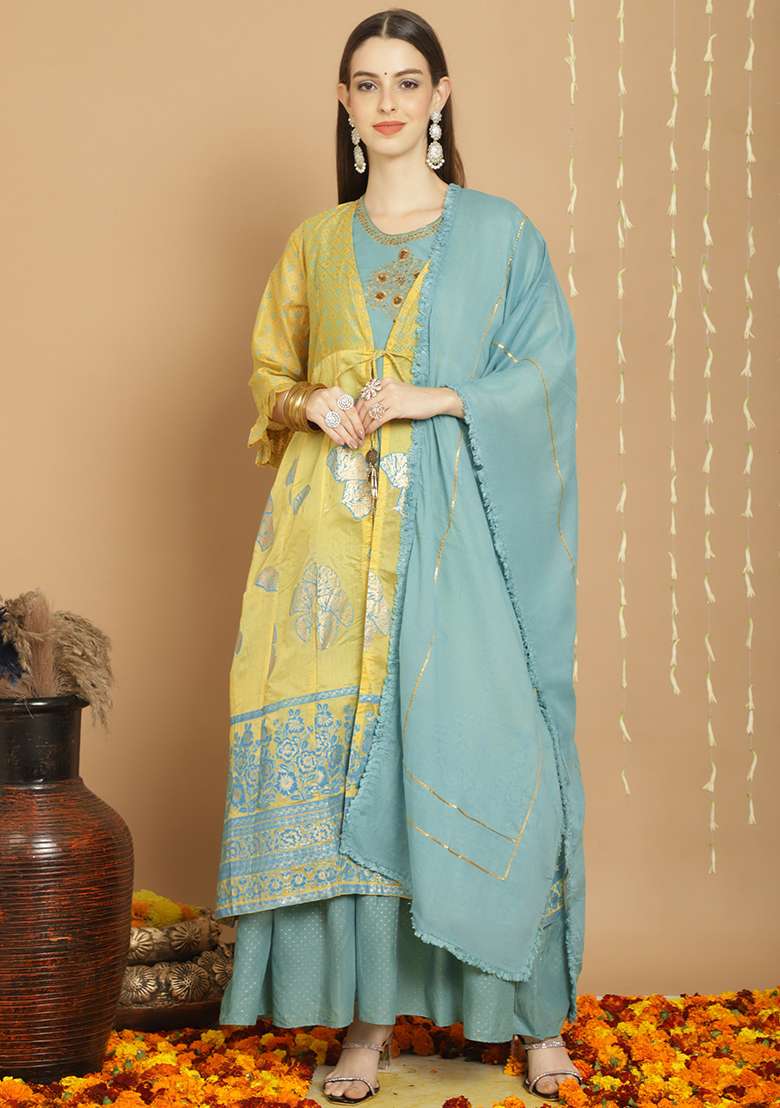 Yellow Embroidered Chanderi Silk Blend Kurta Set - Indya