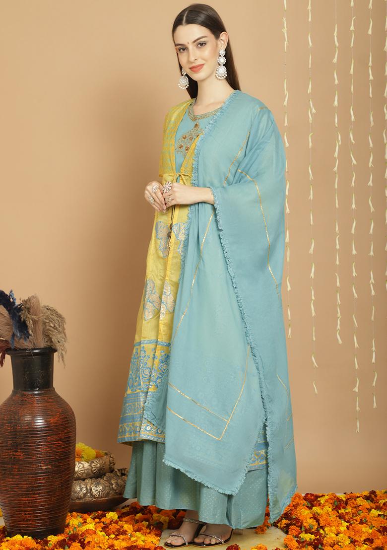 Yellow Embroidered Chanderi Silk Kurta Set