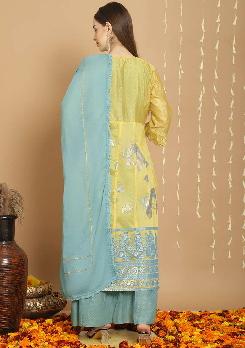 Yellow Embroidered Chanderi Silk Blend Kurta Set - Indya