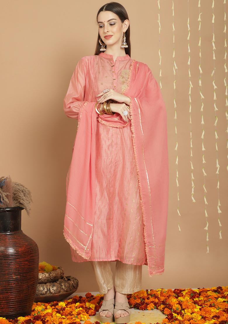 Peach Embroidered Chanderi Silk Kurta Set