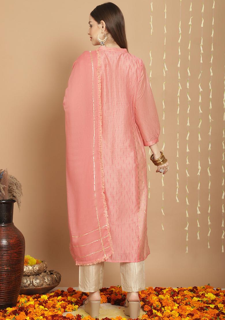 Peach Embroidered Chanderi Silk Kurta Set