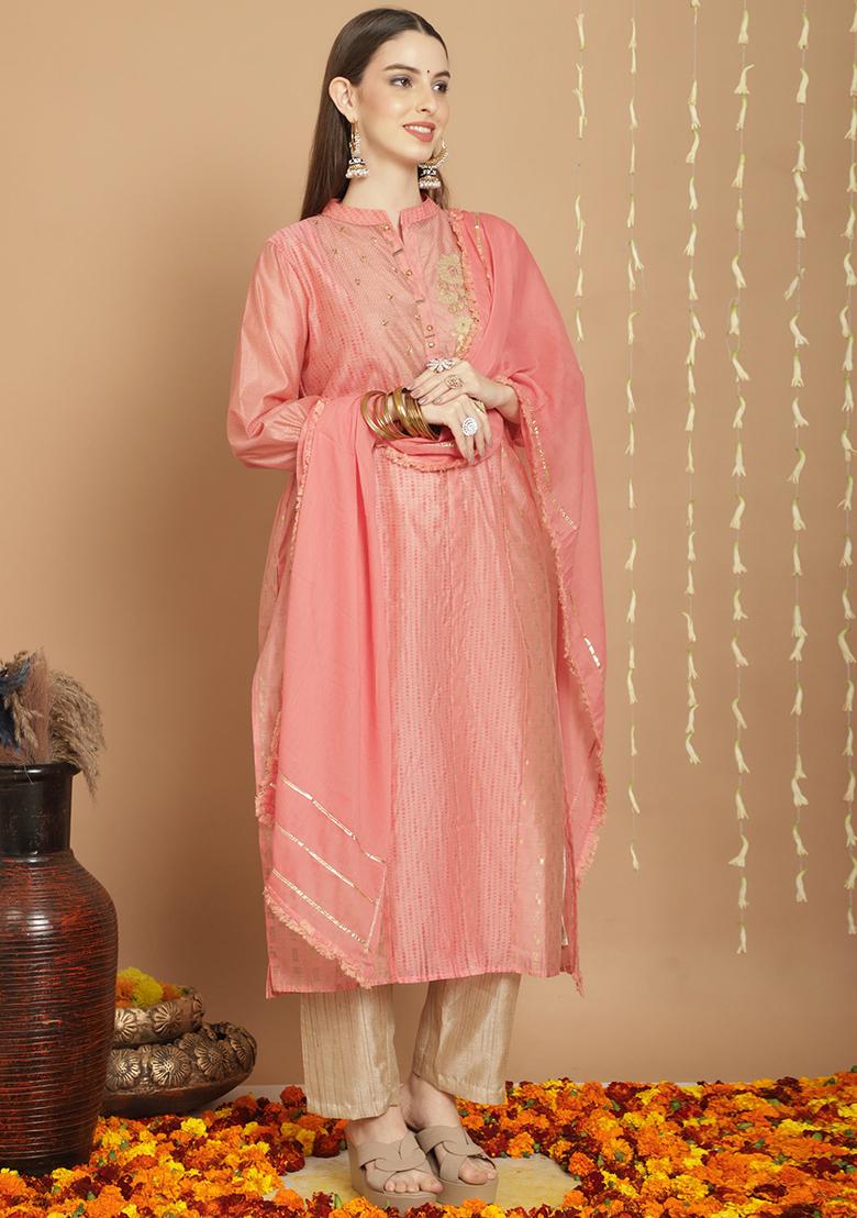 Peach Embroidered Chanderi Silk Kurta Set