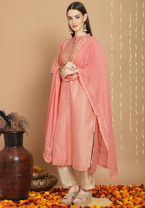 Peach Embroidered Chanderi Silk Kurta Set
