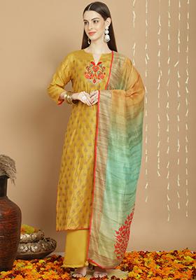 Yellow Embroidered Chanderi Silk Kurta Set