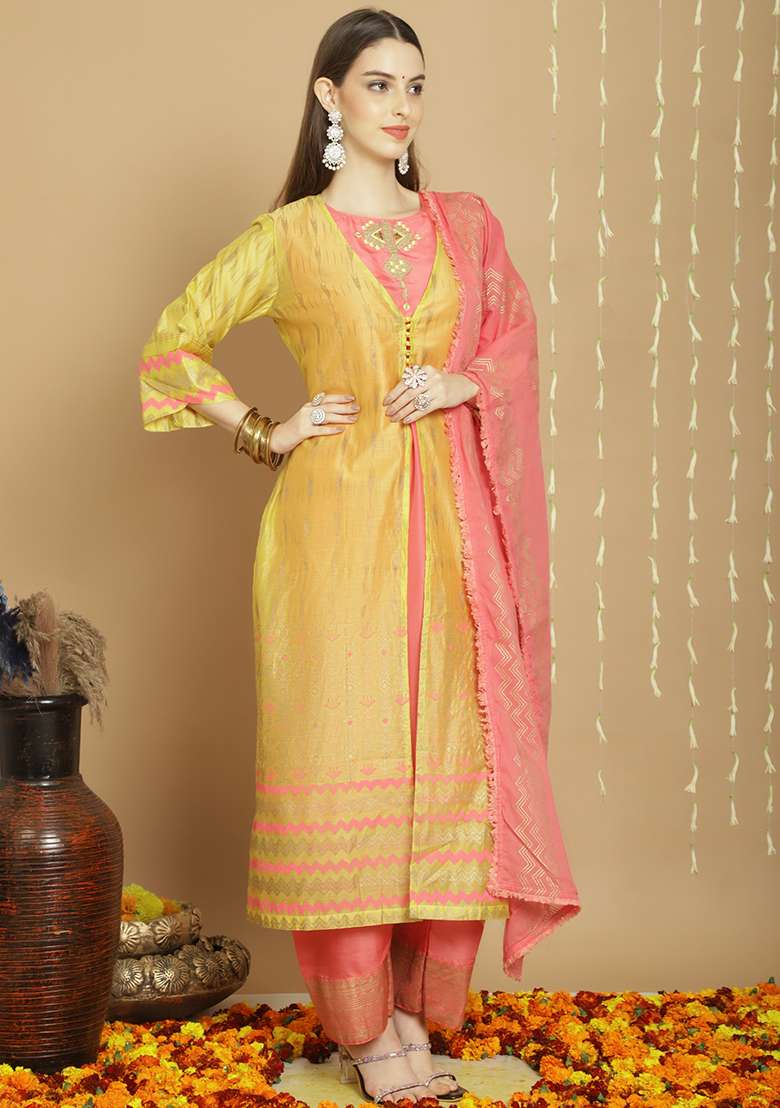 Yellow Embroidered Chanderi Silk Kurta Set With Dupatta - Indya