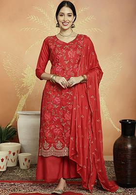 Red Embroidered Uppada Silk Kurta Set