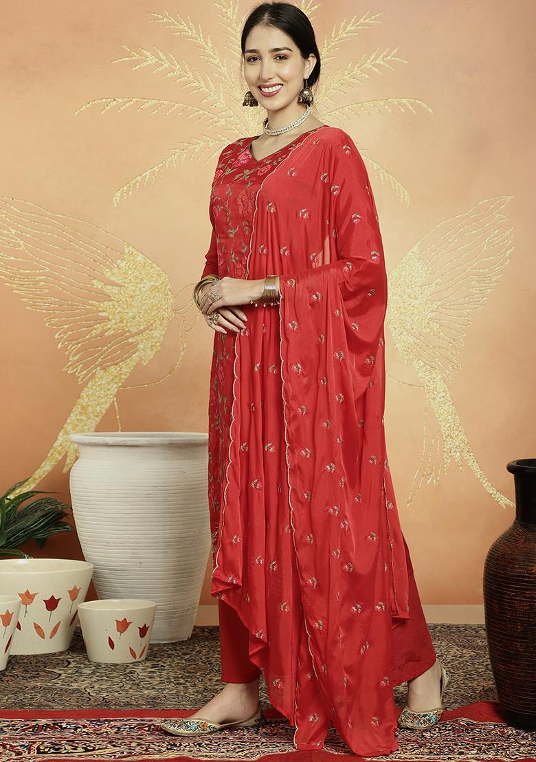 Red Embroidered Uppada Silk Kurta Set