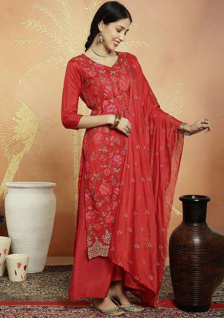 Red Embroidered Uppada Silk Kurta Set