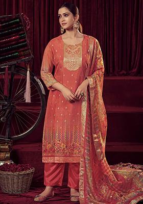 Orange Jacquard Muslin Kurta Set