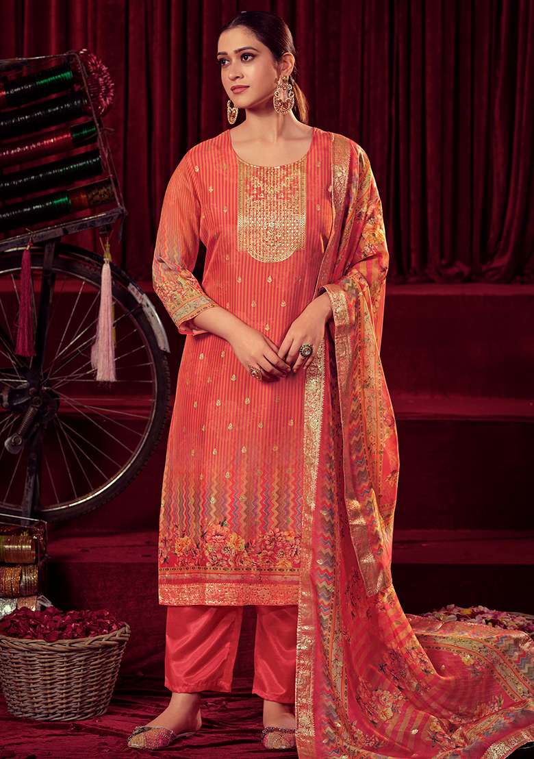 Orange Jacquard Muslin Kurta Set - Indya